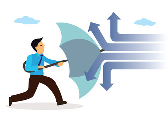 Businessman holding an open umbrella which protects from attacking arrows.