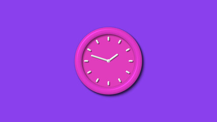 New pink color 3d wall clock isolated on purple background,counting down 3d wall clock