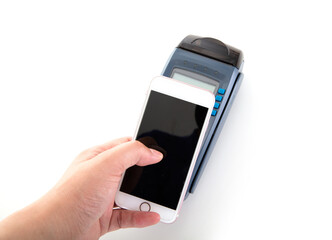 Holding a mobile phone on a white background, scanning the code on the POS machine for payment