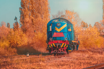Old colorful blue railway locomotive on track tracks and beautiful yellow autumn forest. A train moving on railway tracks.