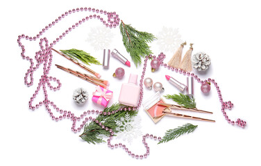 Christmas composition with cosmetics on white background