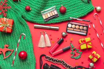 Christmas composition with cosmetics on color background © Pixel-Shot