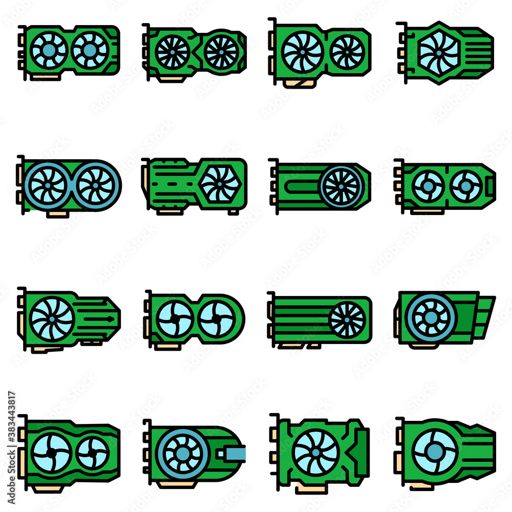 Poster graphics card icons set. outline set of graphics card vector icons thin line color flat on white