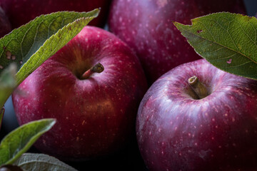 red apple moody leaves close up on dark background