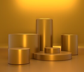Concept product shelf podium gold color or empty pedestal display on vivid fashion background with minimal . 3D rendering
