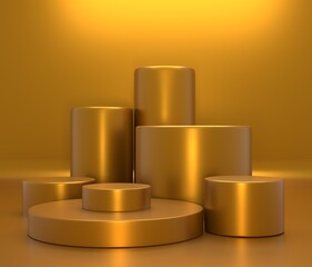 Concept product shelf podium gold color or empty pedestal display on vivid fashion background with minimal . 3D rendering