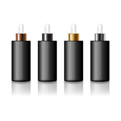 4 cap colors black round cosmetic bottle with white dropper for beauty or healthy product mockup template.