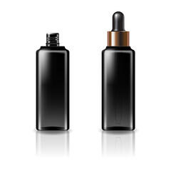 Black clear cosmetic square bottle with black-copper dropper lid for beauty or healthy product.