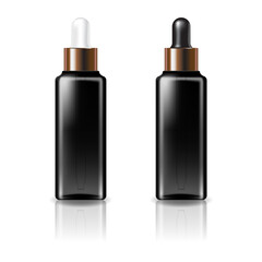 Black clear square cosmetic bottle with white and black-copper dropper lid for beauty or healthy product.