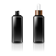 Black clear cosmetic square bottle with white-copper dropper lid for beauty or healthy product.