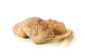 Buns and wheat ears isolated on white background