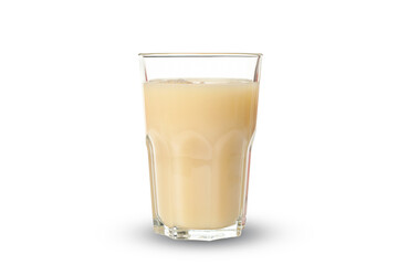 Glass of banana juice isolated on white background