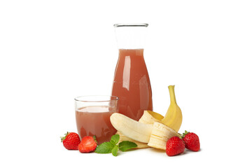 Jug - bottle and glass with strawberry - banana juice isolated on white background