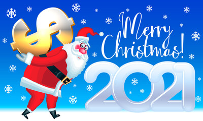 Fototapeta na wymiar Vector greeting card Merry Christmas 2021 Invitation with Santa Claus holding Dollar