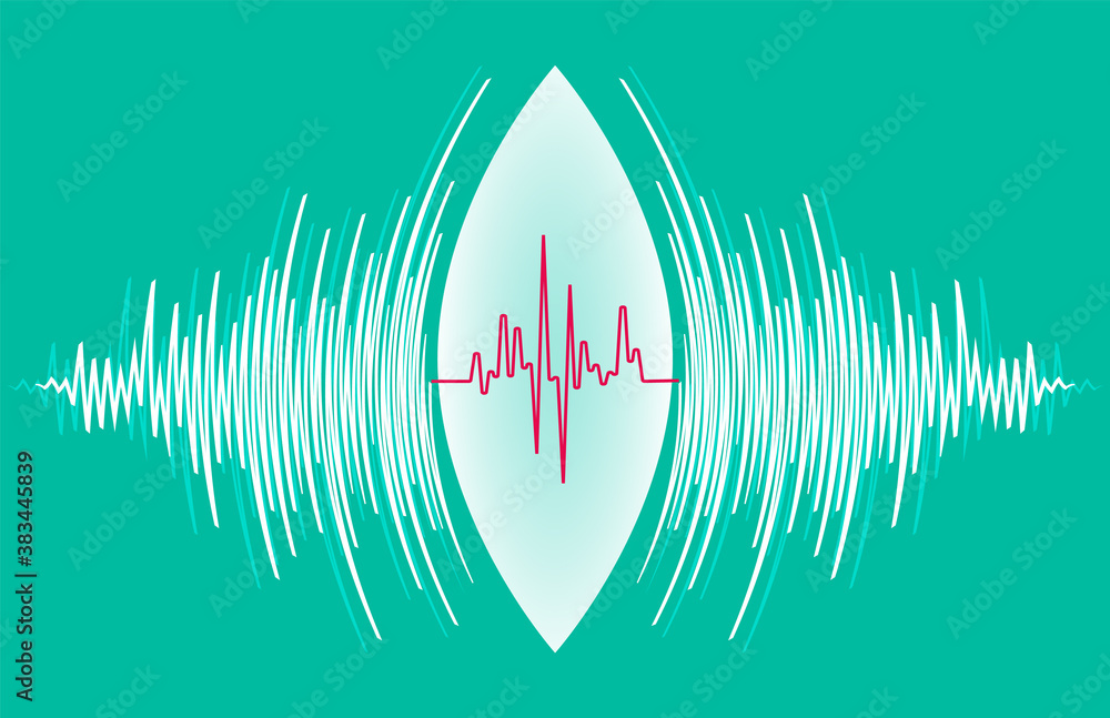 Poster abstract technology background with white sound waves oscillating around heart pulse. vector radial 