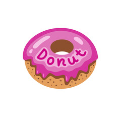 Donut with pink icing and lettering. Vector illustration.