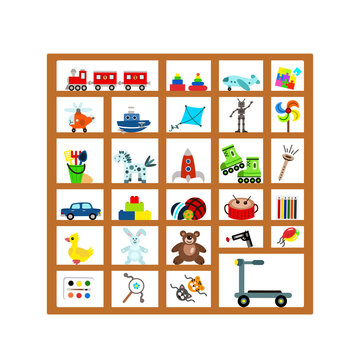 Set of children's toys (steam locomotive, pyrarida, plane, puzzle, helicopter, ship, flying kite, robot, spinner, bucket, horse, rocket, rollers, pipe, machine, constructor, ball, drum, pencils).