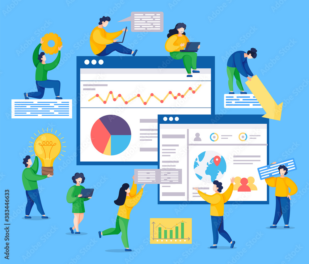 Fototapete web analytics information and development website statistic. web cms analysis measure, product testi