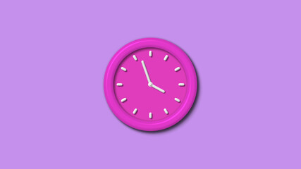 Amazing pink color 12 hours 3d wall clock isolated on purple light background,wall clock