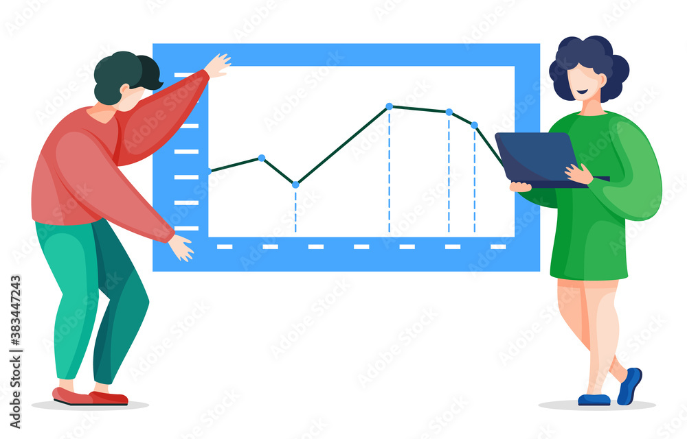 Poster man and woman explaining statistics graph on presentation. people telling about business project. co