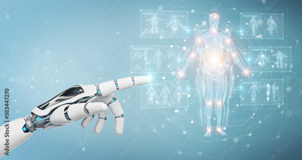 Aufkleber Robot hand using digital x-ray human body holographic scan projection 3D rendering