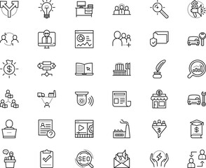 business vector icon set such as: studio, spy, estimation, shipping, note, hand, shine, chair, funnel, article, support, algorithm, global, bachelor, round, motor, laptop, blended, paperclip