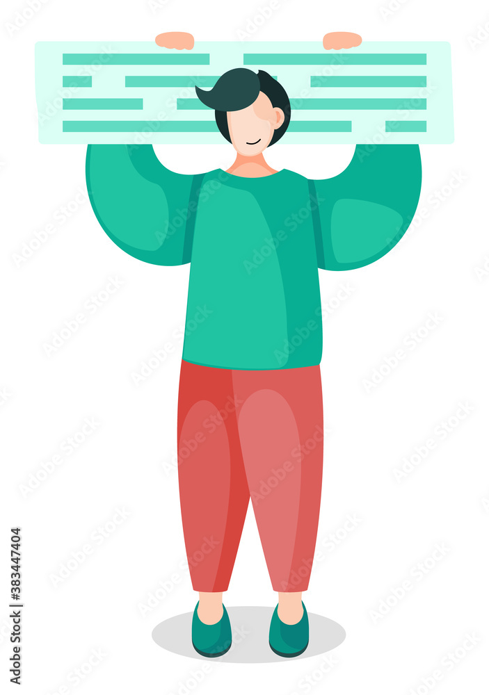 Poster guy with documents, text information chat isolated. chat blog in hands of man. vector illustration. 