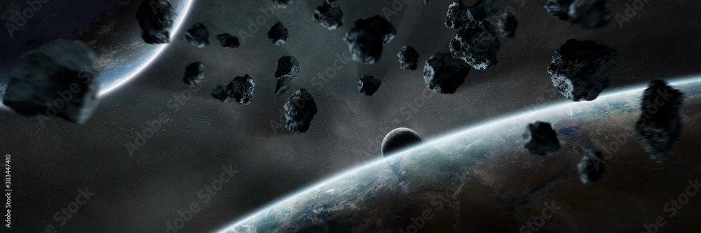 Canvas Prints panoramic space planets background. panorama of distant solar system with exoplanets 3d rendering el