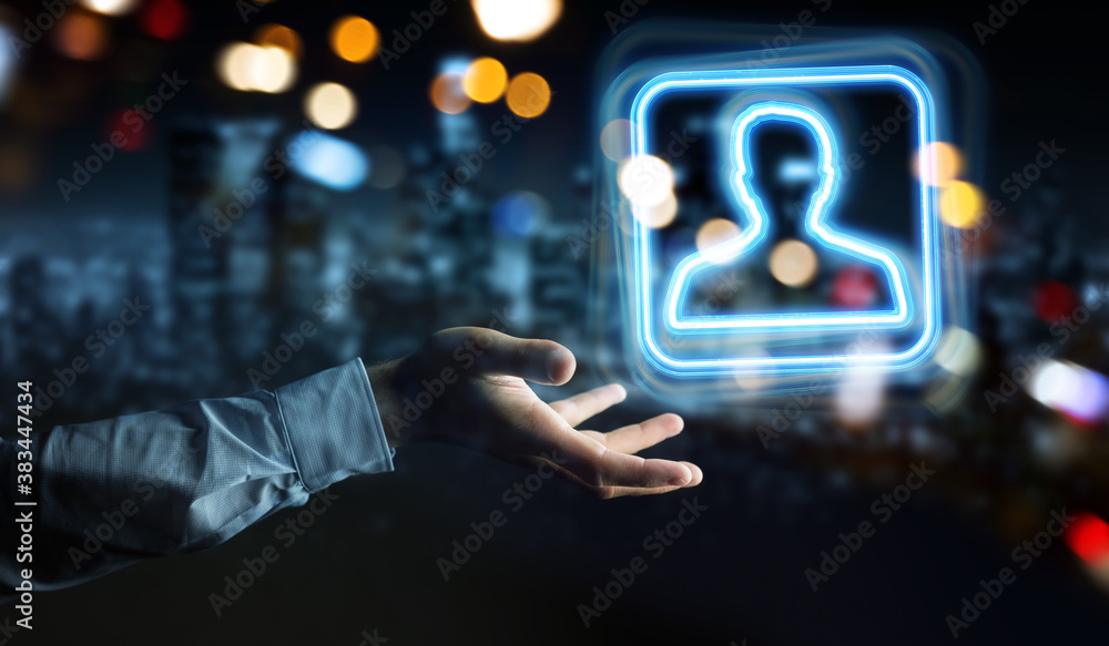 Poster Man hand using digital blue holographic user interface 3D rendering
