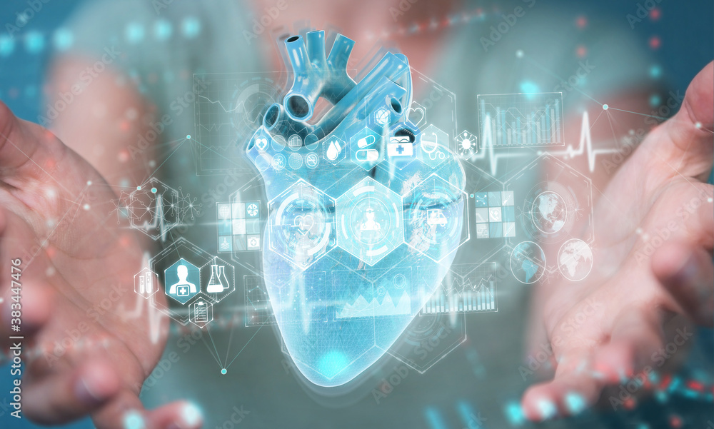 Aufkleber woman using digital x-ray of human heart holographic scan projection 3d rendering