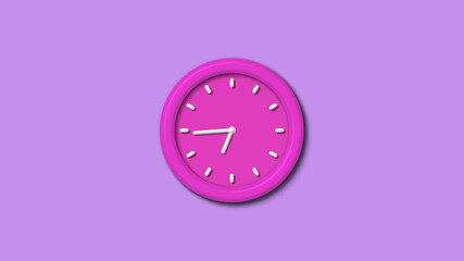 New pink color 3d wall clock isolated on purple light background,12 hours wall clock