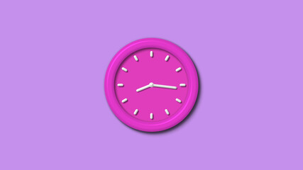 New pink color 3d wall clock isolated on purple light background,12 hours wall clock