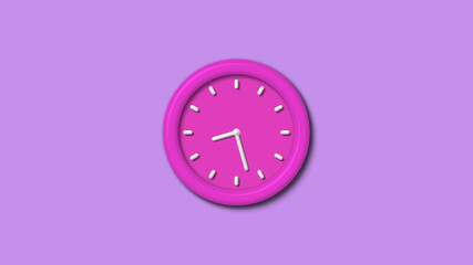 New pink color 3d wall clock isolated on purple light background,12 hours wall clock