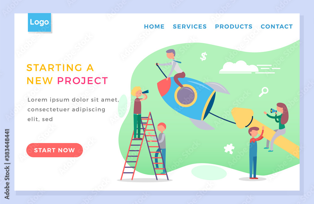 Poster people starting new project together. launch of rocket like start of business, startup. team working