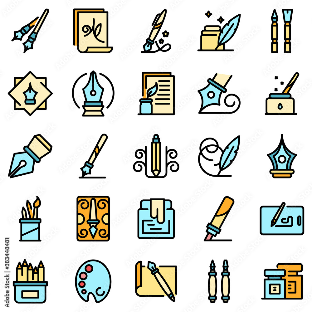 Poster calligraphy tools icons set. outline set of calligraphy tools vector icons thin line color flat on w