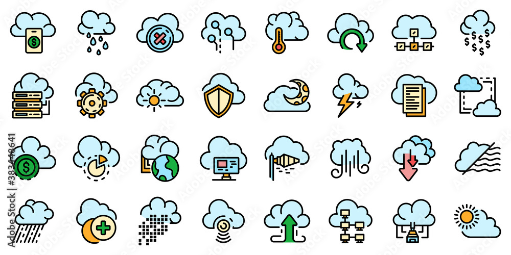 Wall mural cloud icons set. outline set of cloud vector icons thin line color flat on white - Wall murals