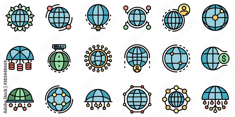 Poster global network icons set. outline set of global network vector icons thin line color flat on white