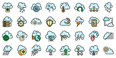 Cloud icons set. Outline set of cloud vector icons thin line color flat on white