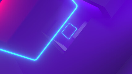 Abstract room interior with volumetric red and blue lights and glowing neon squares.