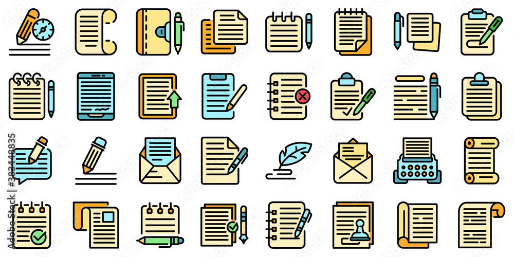 Aufkleber writing icons set. outline set of writing vector icons thin line color flat on white