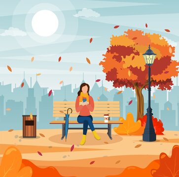 beautiful autumn city park with bench. Woman using phone sitting on the bench in paprk. Freelance or studying concept. online education. Vector illustration in flat style