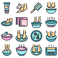 Foot bath icons set. Outline set of foot bath vector icons thin line color flat on white