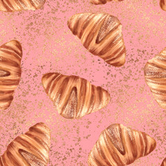 Croissants seamless pattern, continental breakfast pink background