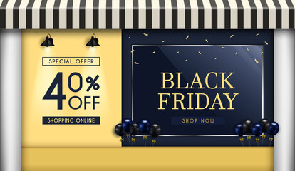 Black Friday Sale of posters or flyers design.and Shop front.and there is a glass cabinet for displaying products. and use it as a festival background or online shopping invitation.
