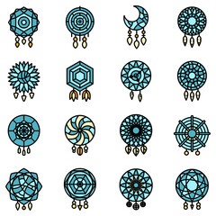 Dream catcher icons set. Outline set of dream catcher vector icons thin line color flat on white
