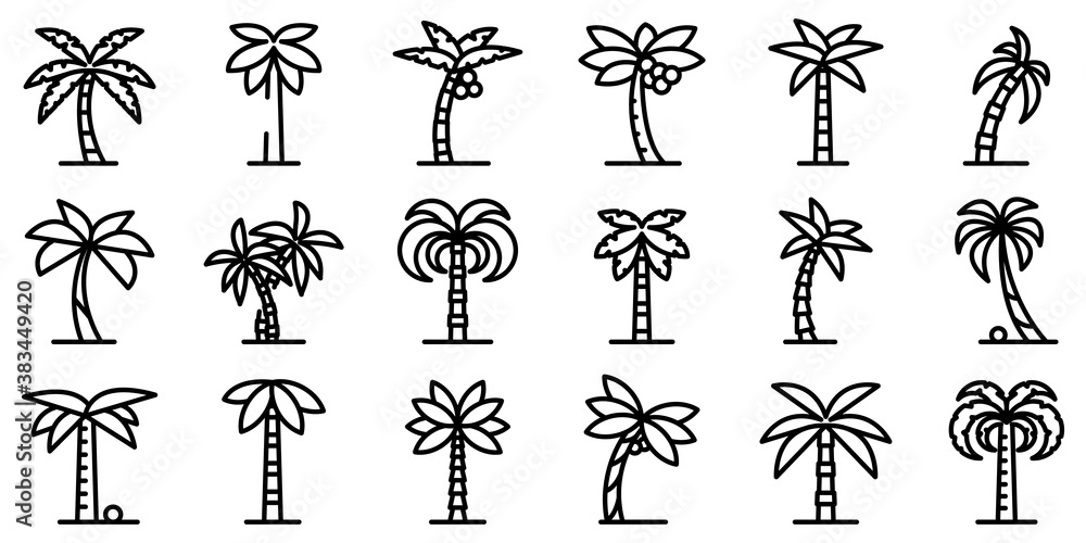 Poster palm icons set. outline set of palm vector icons for web design isolated on white background