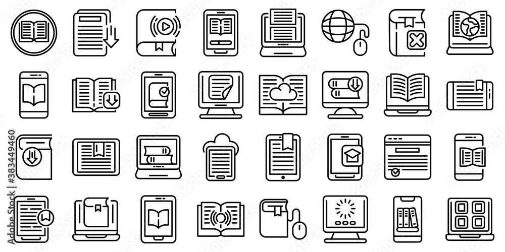 Poster e-book application icons set. outline set of e-book application vector icons for web design isolated
