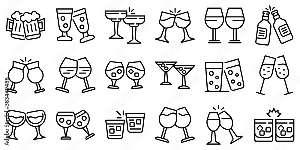 Poster cheers icons set. outline set of cheers vector icons for web design isolated on white background