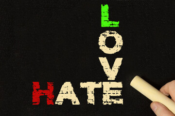 A blackboard with the words hate and love