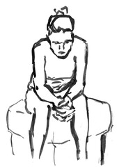 Woman hand painted sitting as if in sorrow or thinking